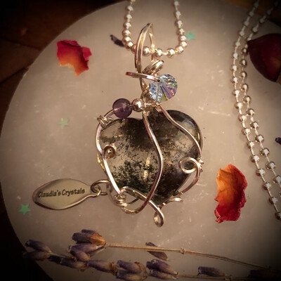 GARDEN QUARTZ HEART - Sterling Silver Pendant - Spirituality, Meditation, Transmutes Negativity