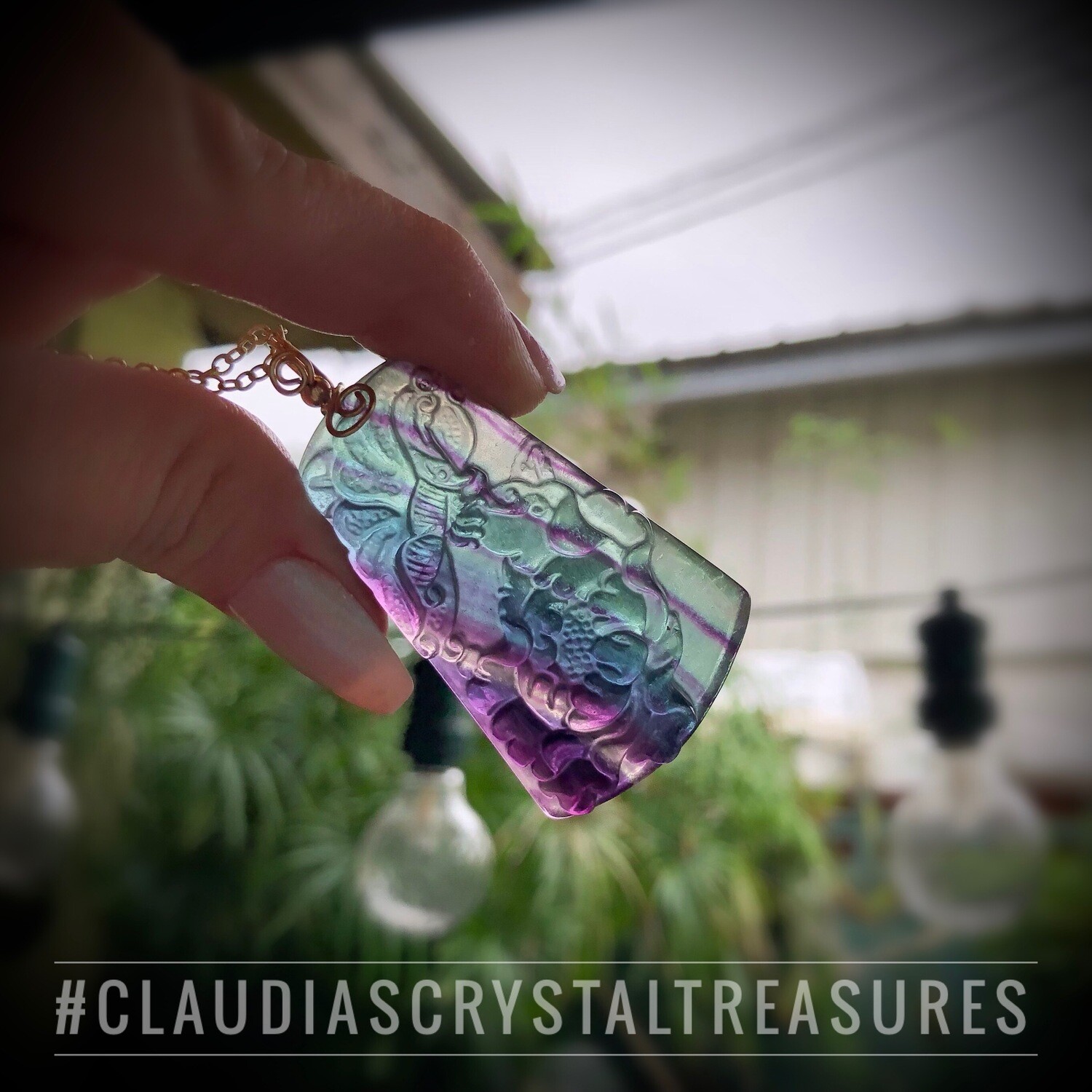 RAINBOW FLUORITE (Hand carved) - 14k Gold Filled - Gemstone Crystal Therapy Pendant