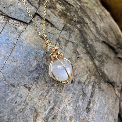 RAINBOW MOONSTONE SPHERE - 14k Gold Filled Pendant - Intuition, Psychic Abilities, Balancing, Love, Harmony