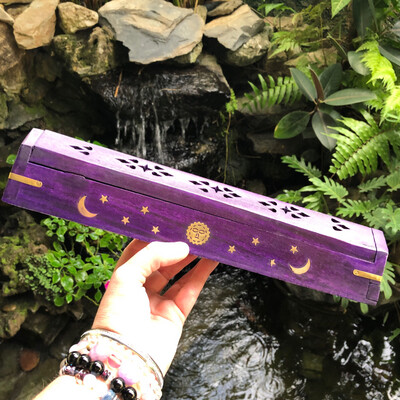WOODEN COFFIN INCENSE BURNER - PURPLE