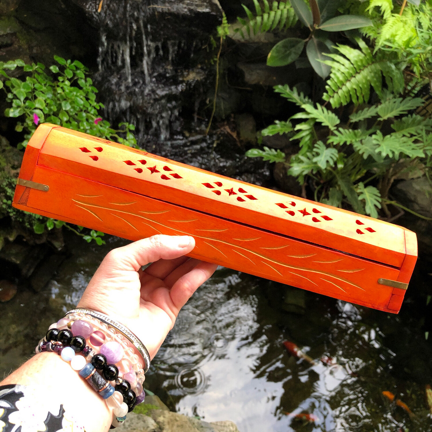 WOODEN COFFIN INCENSE BURNER - ORANGE