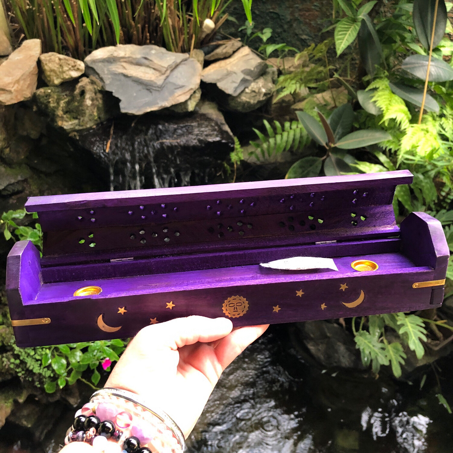 WOODEN COFFIN INCENSE BURNER - PURPLE