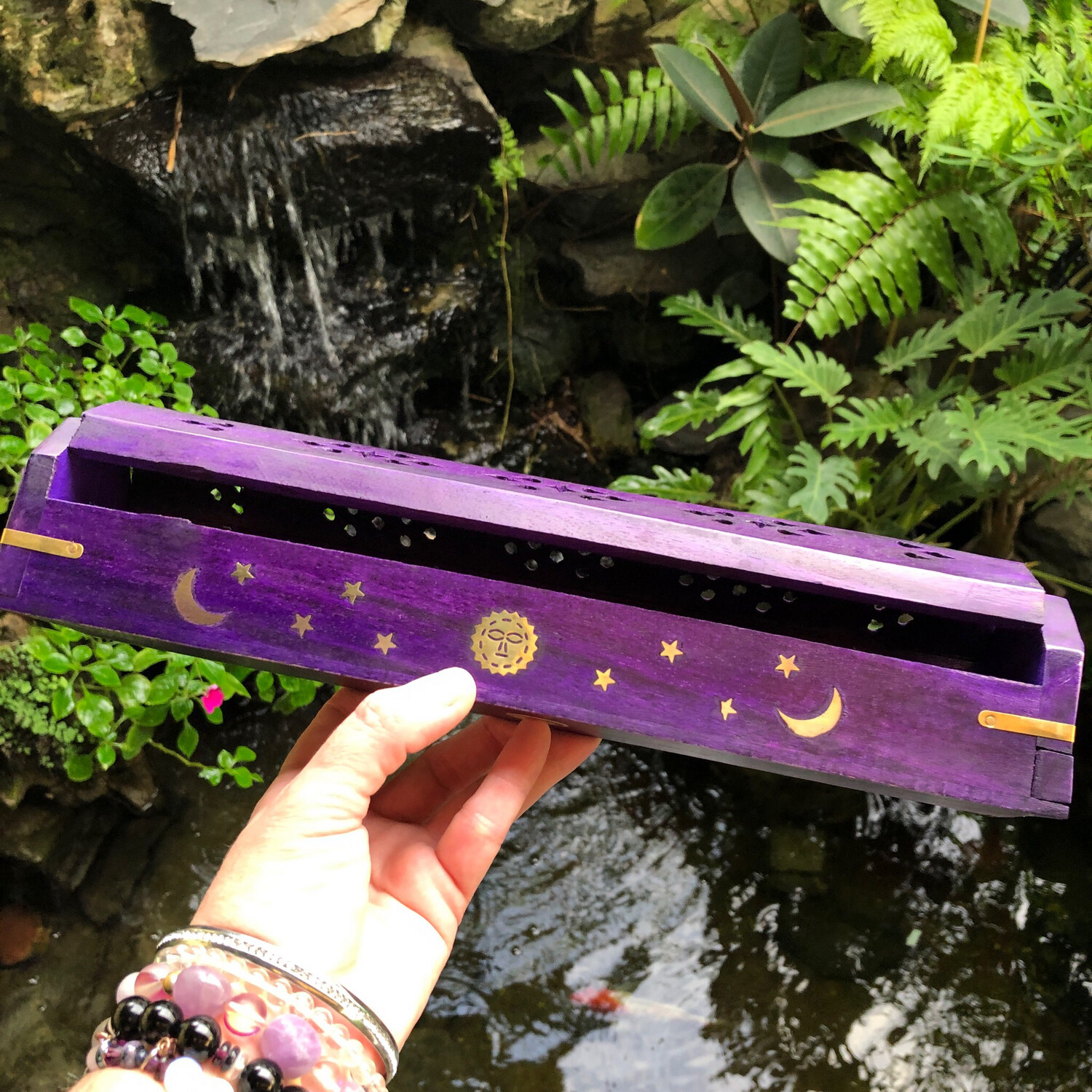 WOODEN COFFIN INCENSE BURNER - PURPLE