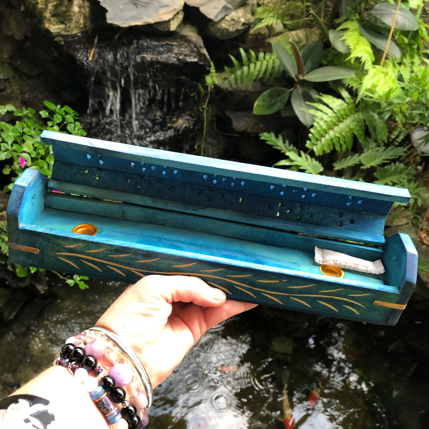 WOODEN COFFIN INCENSE BURNER - TEAL