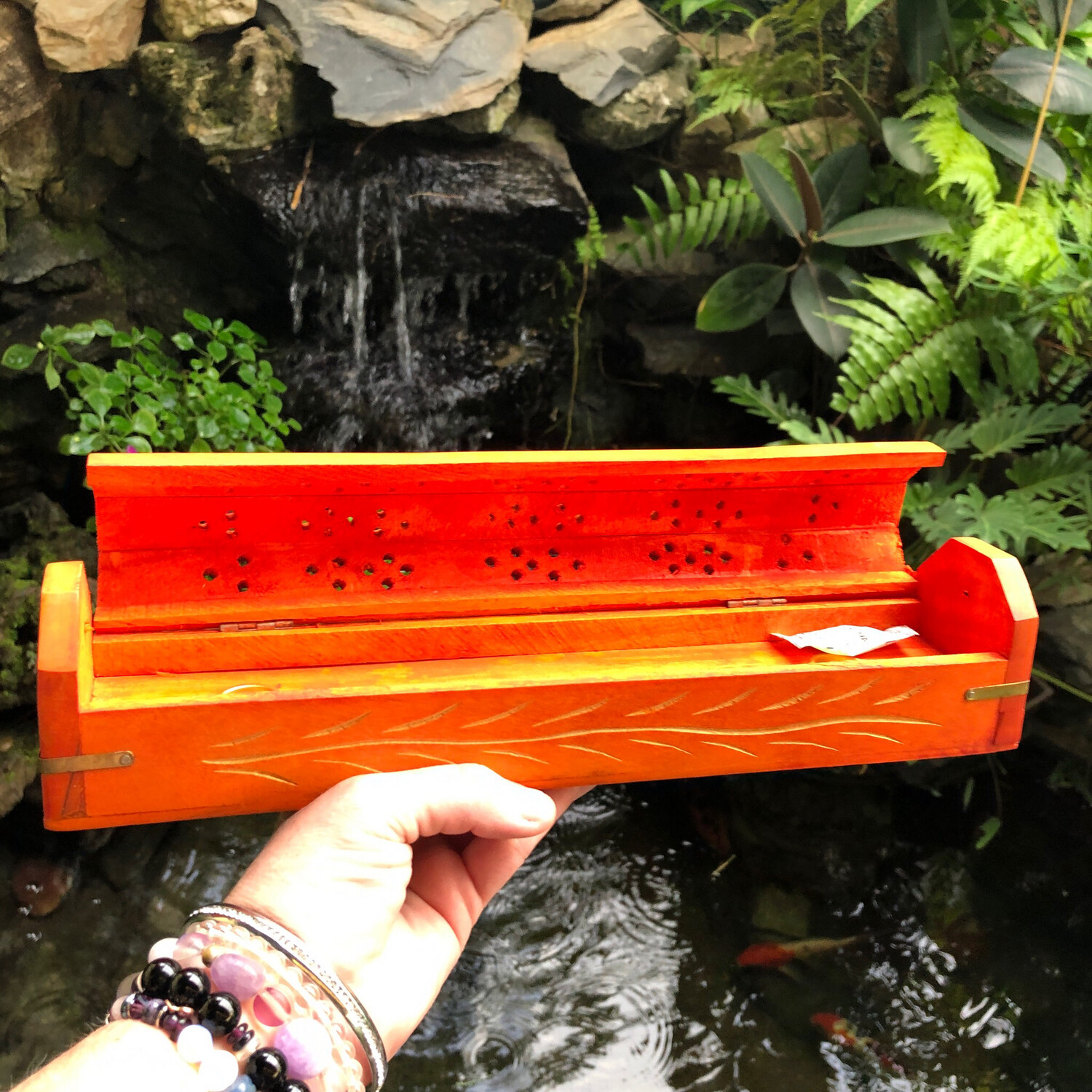 WOODEN COFFIN INCENSE BURNER - ORANGE
