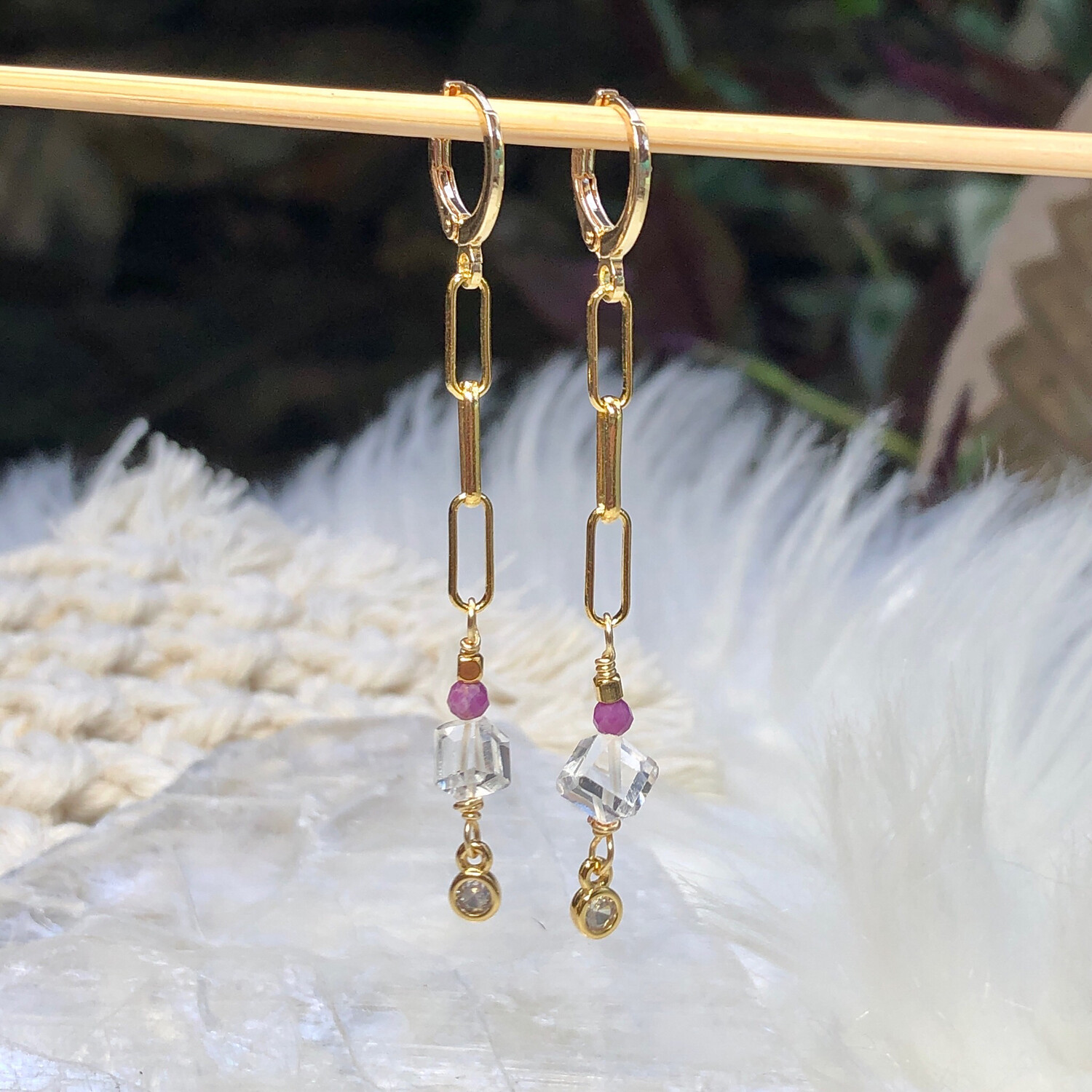 A+ QUARTZ CUBE &amp; LEPIDOLITE - 18k Gold Plated - Gemstone Crystal Therapy Earrings
