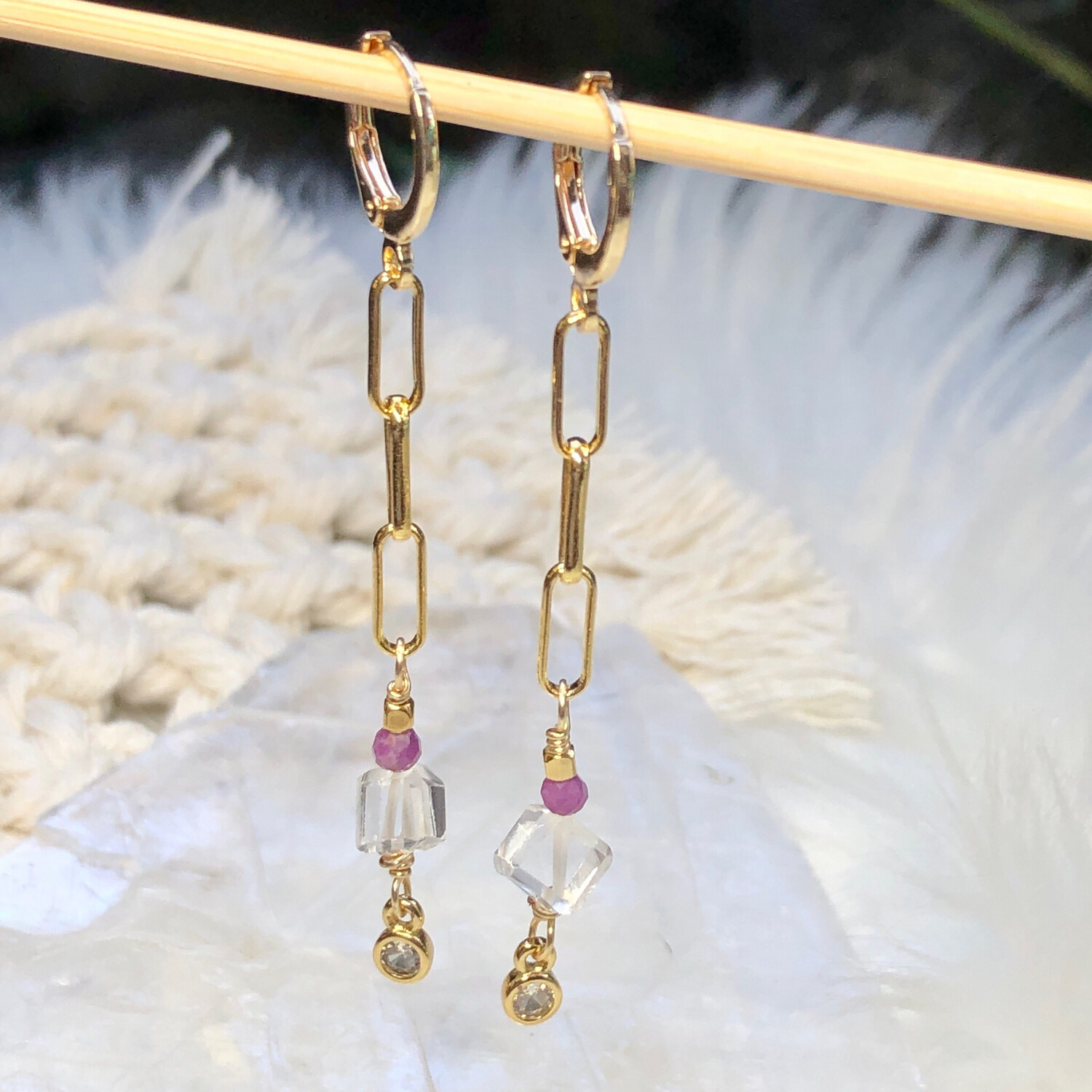 A+ QUARTZ CUBE &amp; LEPIDOLITE - 18k Gold Plated - Gemstone Crystal Therapy Earrings