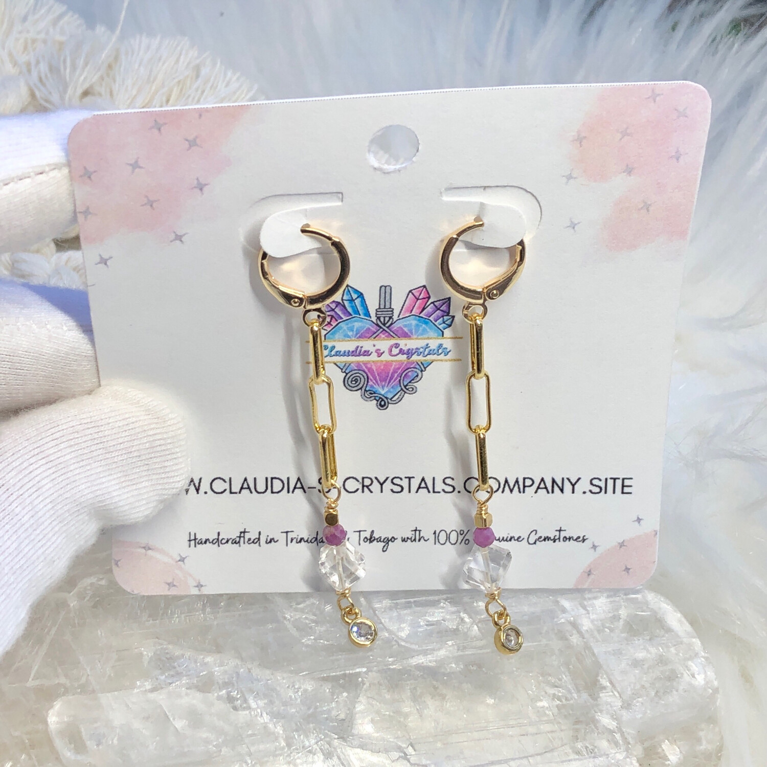A+ QUARTZ CUBE &amp; LEPIDOLITE - 18k Gold Plated - Gemstone Crystal Therapy Earrings