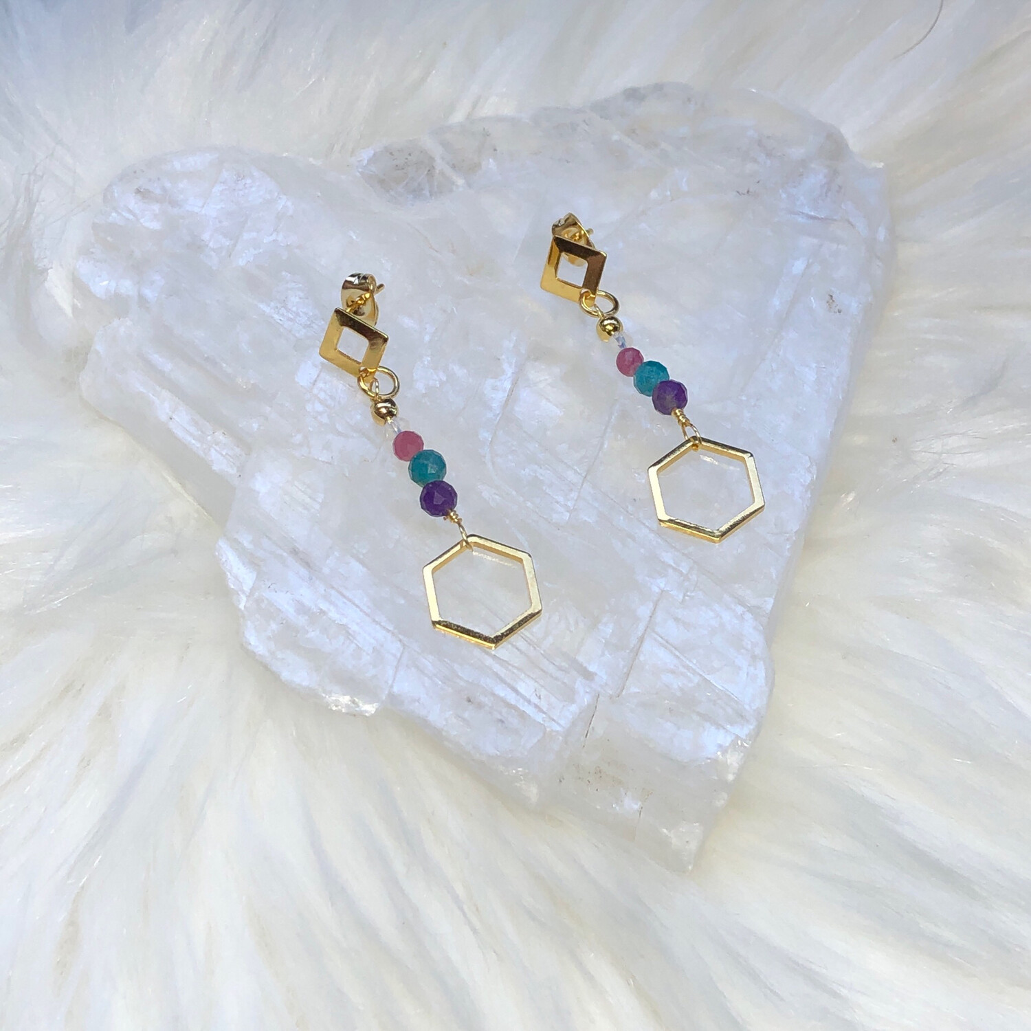 RAINBOW GEMSTONES - 18k Gold Plated Hexagon Charms - Crystal Therapy Earrings