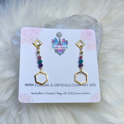 RAINBOW GEMSTONES - 18k Gold Plated Hexagon Charms - Crystal Therapy Earrings