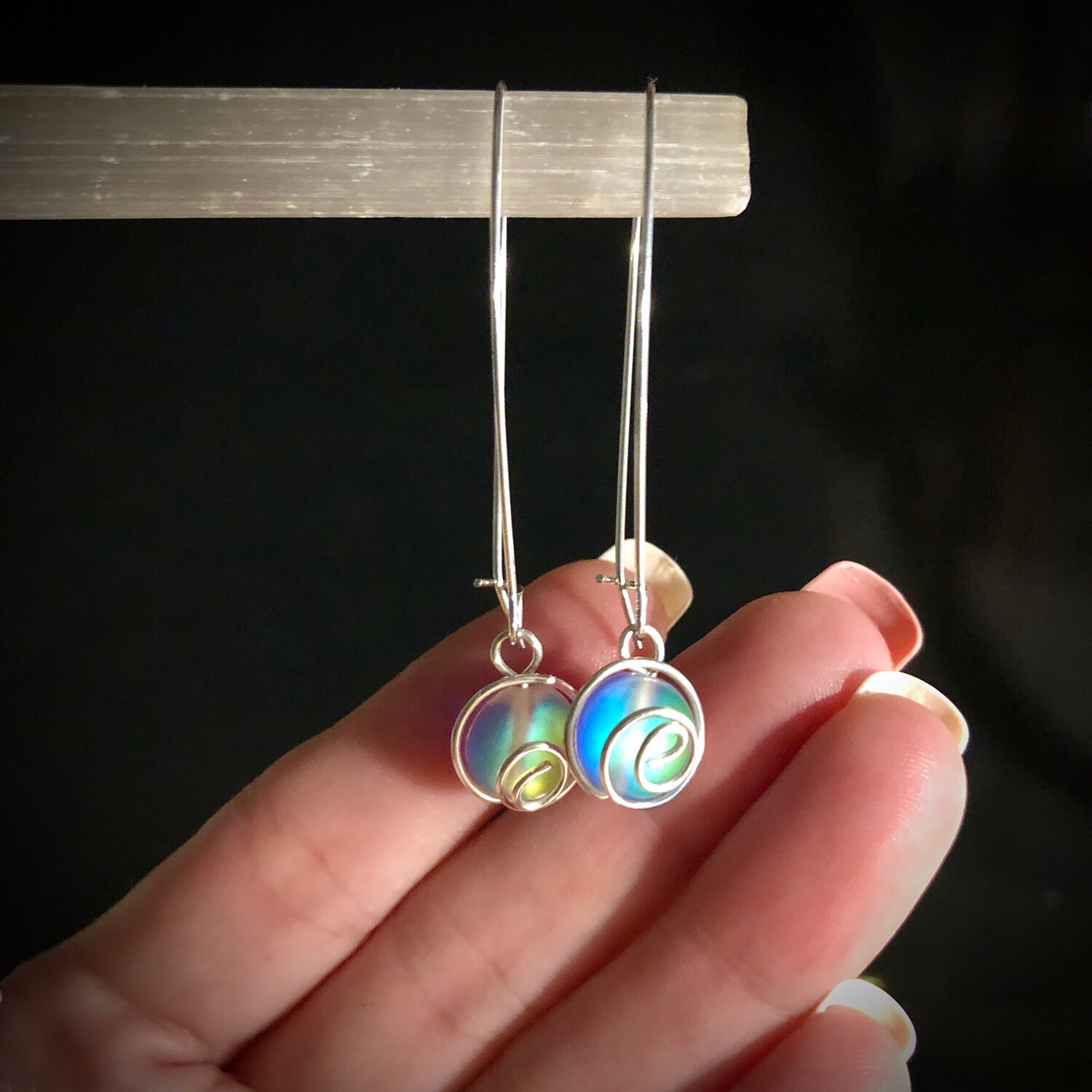 Fantasy Earrings - Silver Plated - Reflective Mermaid Glass Beads