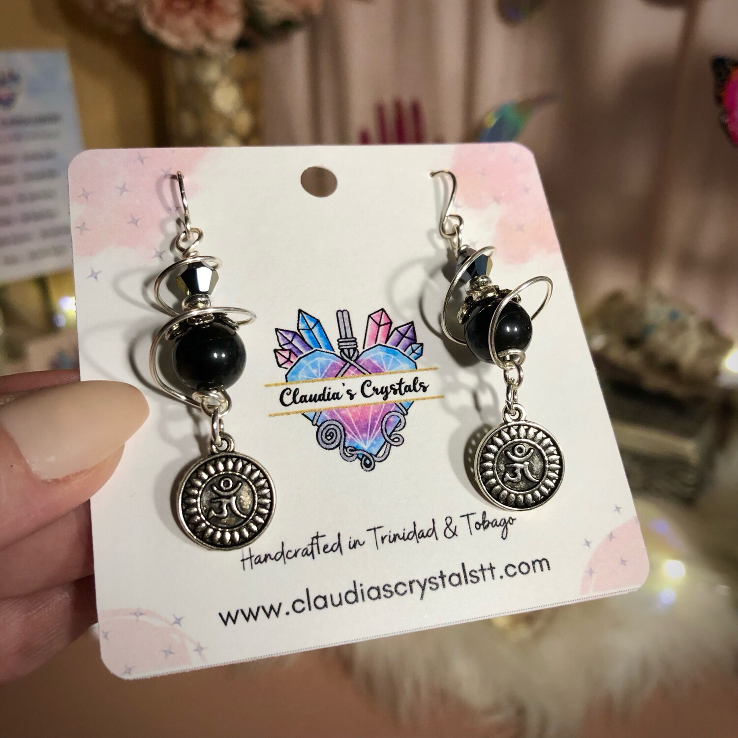 RAINBOW OBSIDIAN - OM Charm - Silver Plated - Gemstone Crystal Therapy Earrings