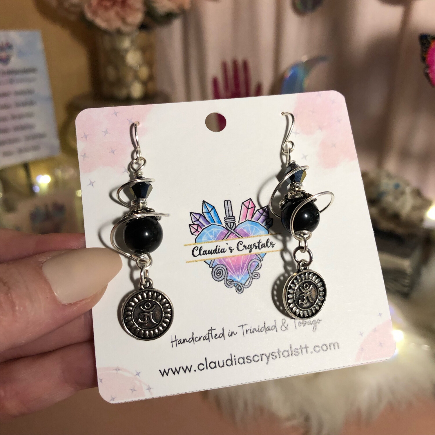 RAINBOW OBSIDIAN - OM Charm - Silver Plated - Gemstone Crystal Therapy Earrings