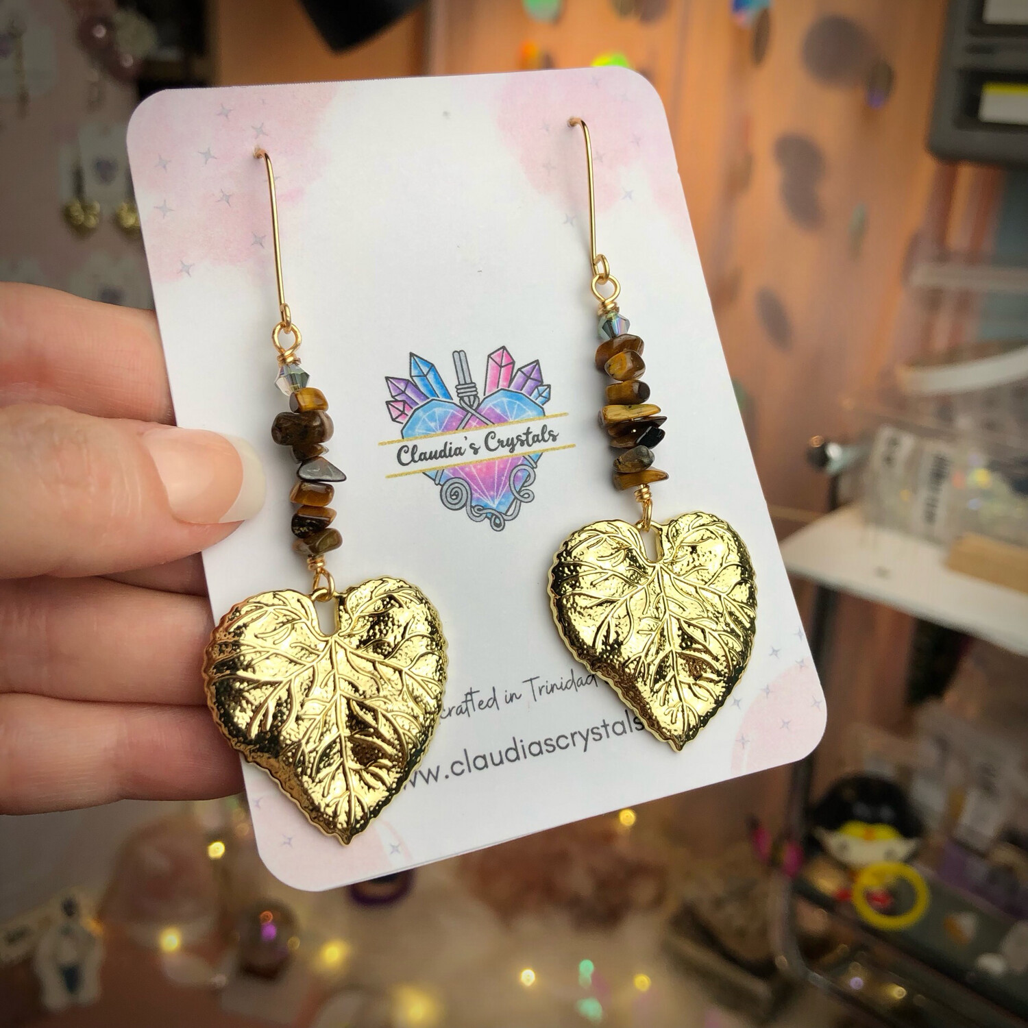 TIGERS EYE - 18k Gold Plated Monstera Leaf Charms - Crystal Therapy Earrings