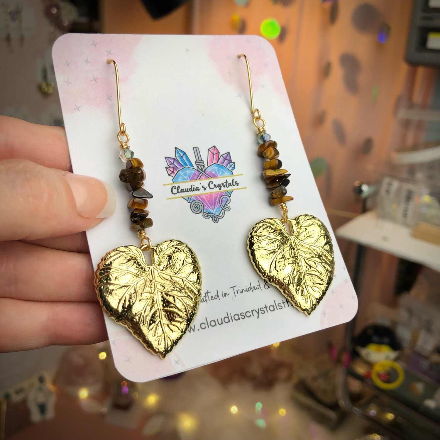 TIGERS EYE - 18k Gold Plated Monstera Leaf Charms - Crystal Therapy Earrings