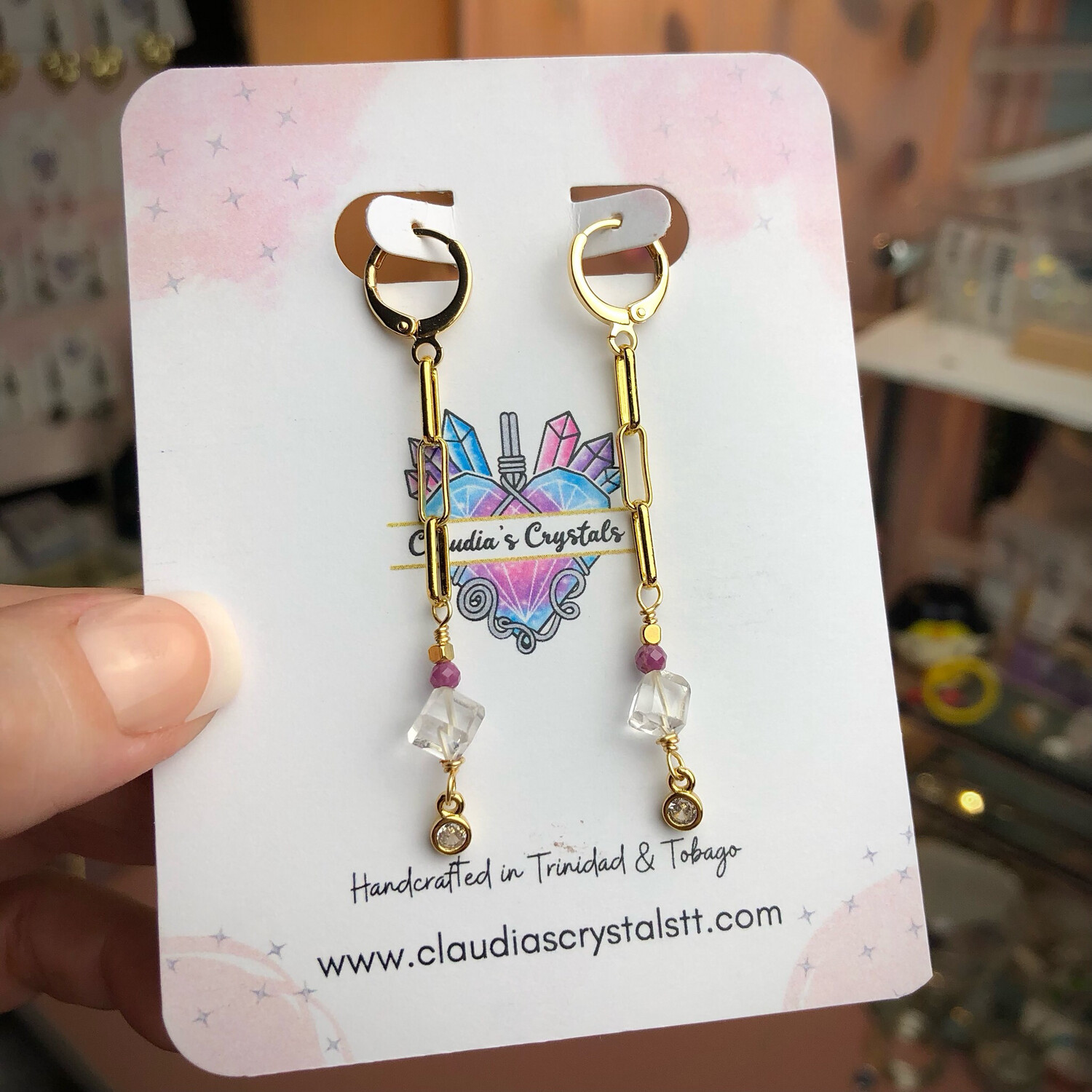 A+ QUARTZ CUBE &amp; LEPIDOLITE - 18k Gold Plated - Gemstone Crystal Therapy Earrings