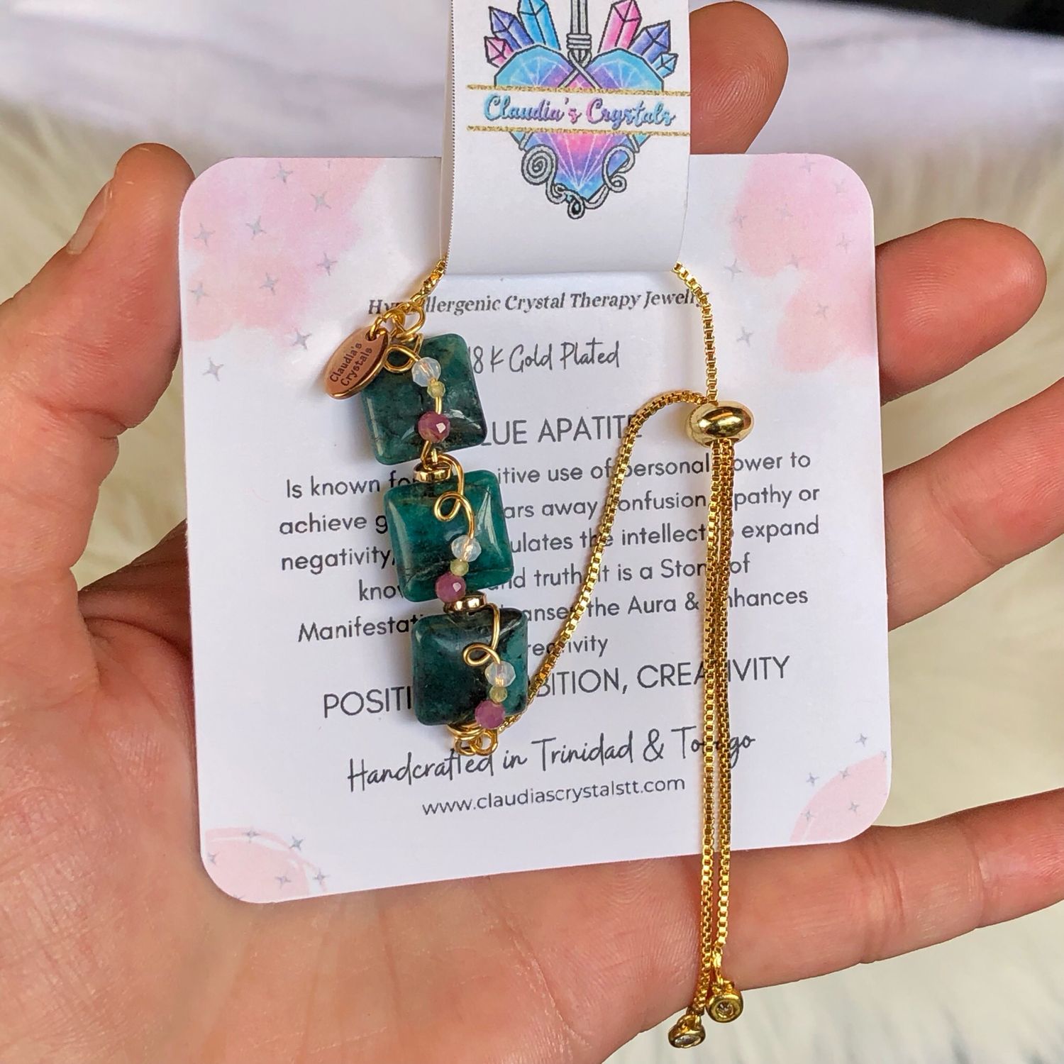 BLUE APATITE - 18k Gold Plated - Adjustable Gemstone Crystal Therapy Bracelet