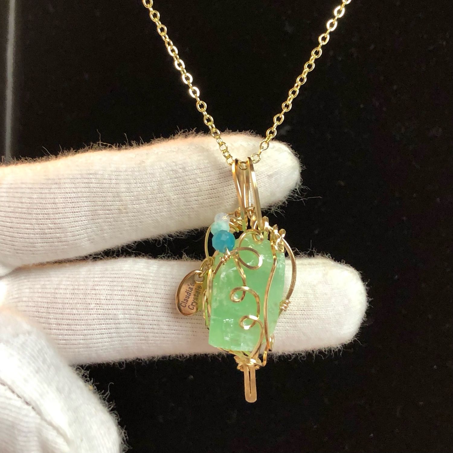 GREEN CALCITE (Raw) - 14k Gold Filled - Gemstone Crystal Therapy Pendant