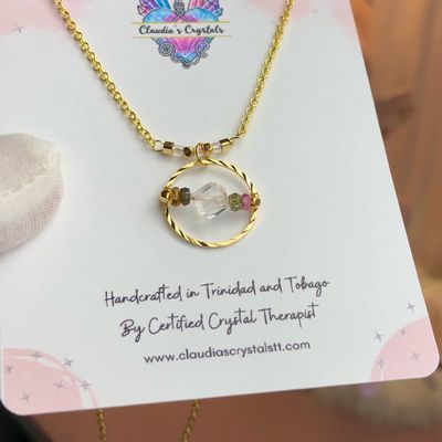 QUARTZ &amp; WATERMELON TOURMALINE - 18k Gold Plated - Crystal Therapy Pendant