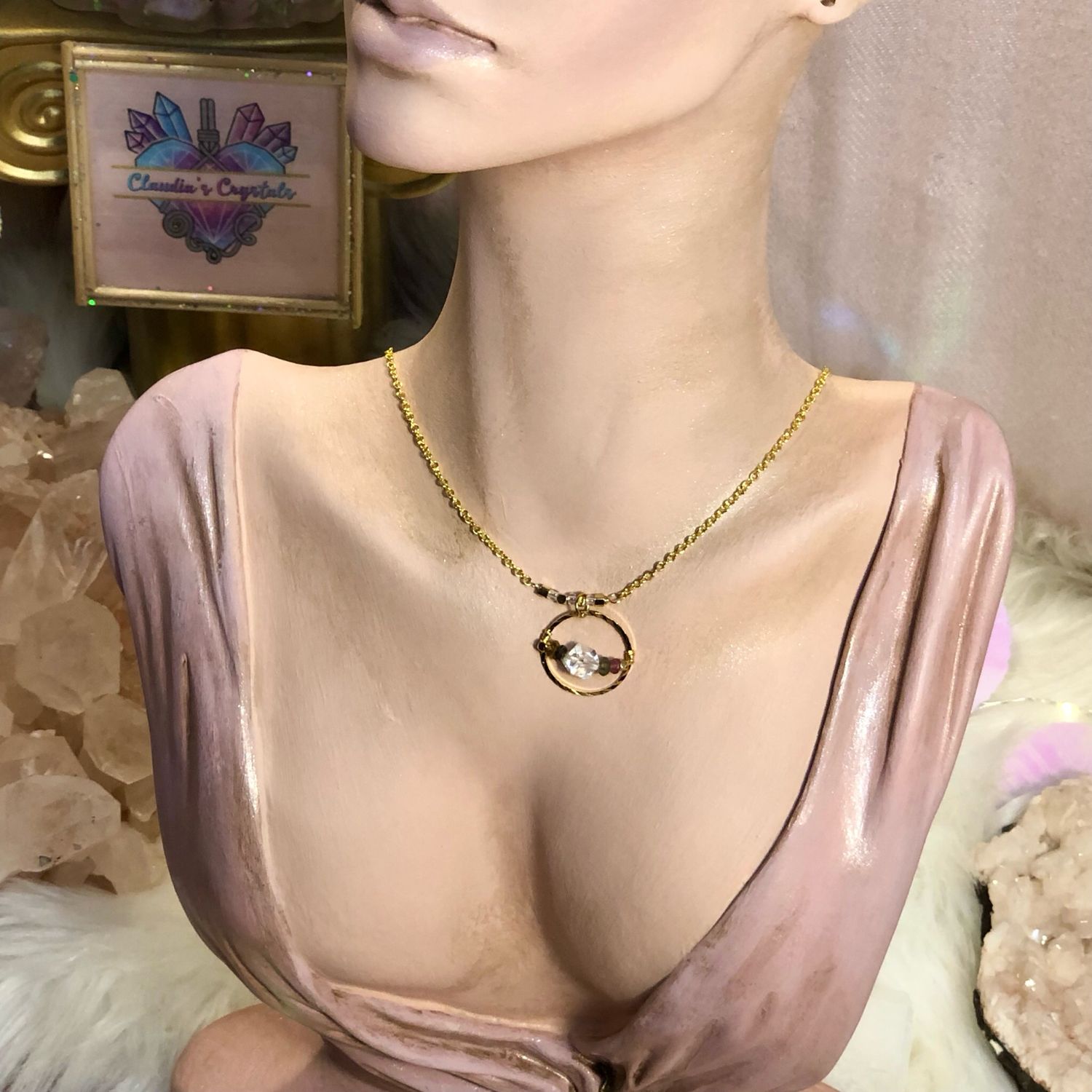 QUARTZ &amp; WATERMELON TOURMALINE - 18k Gold Plated - Crystal Therapy Pendant