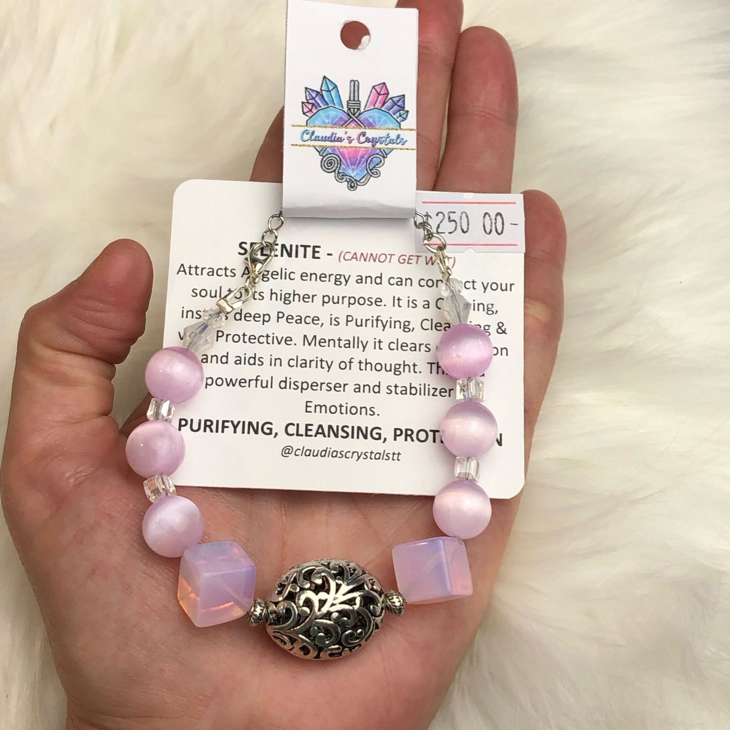 PINK OPALITE &amp; SELENITE - Gemstone Adjustable Bracelet - Silver Plated