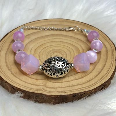PINK OPALITE &amp; SELENITE - Gemstone Adjustable Bracelet - Silver Plated