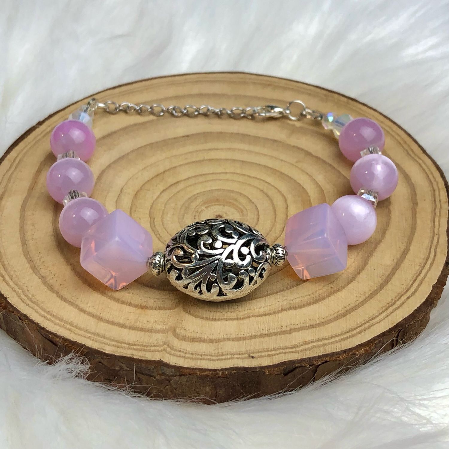 PINK OPALITE &amp; SELENITE - Gemstone Adjustable Bracelet - Silver Plated