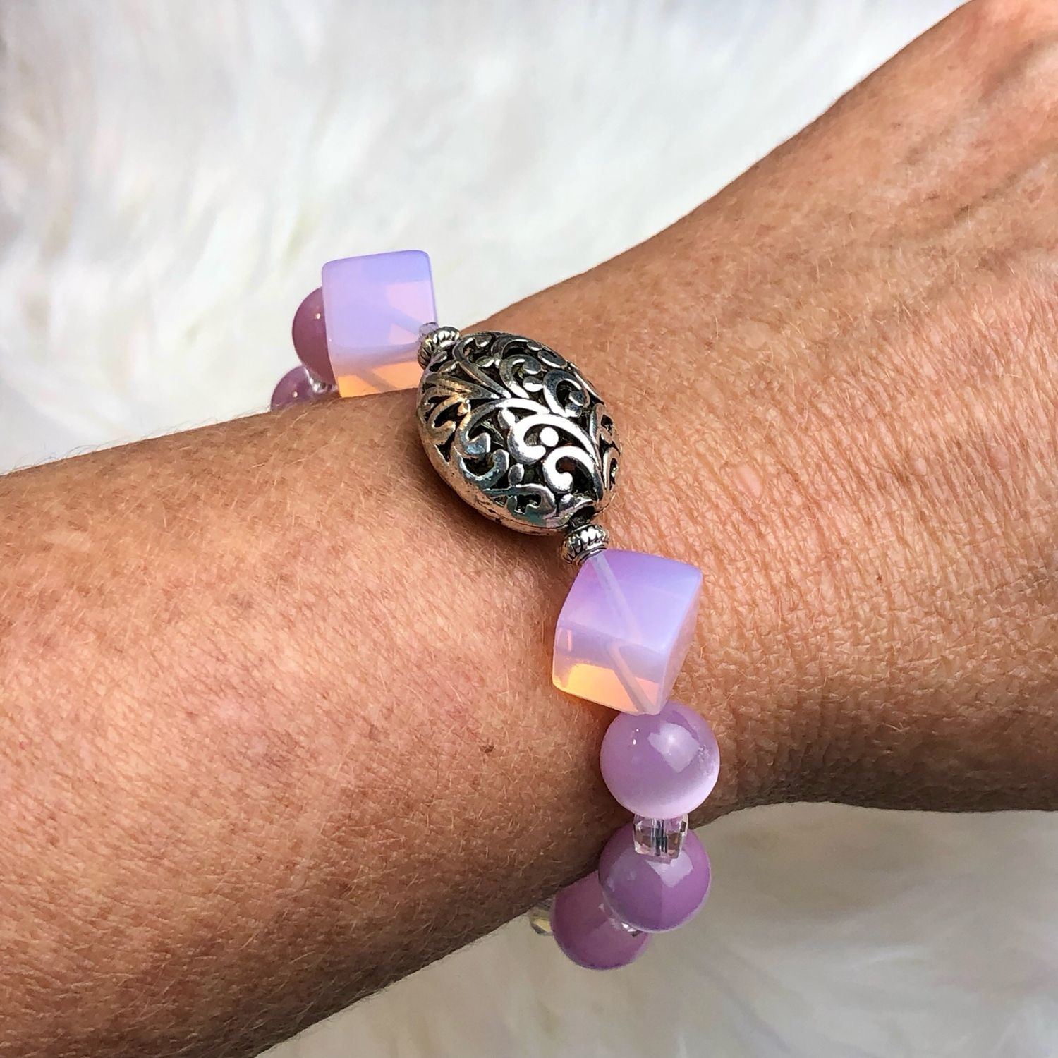 PINK OPALITE &amp; SELENITE - Gemstone Adjustable Bracelet - Silver Plated