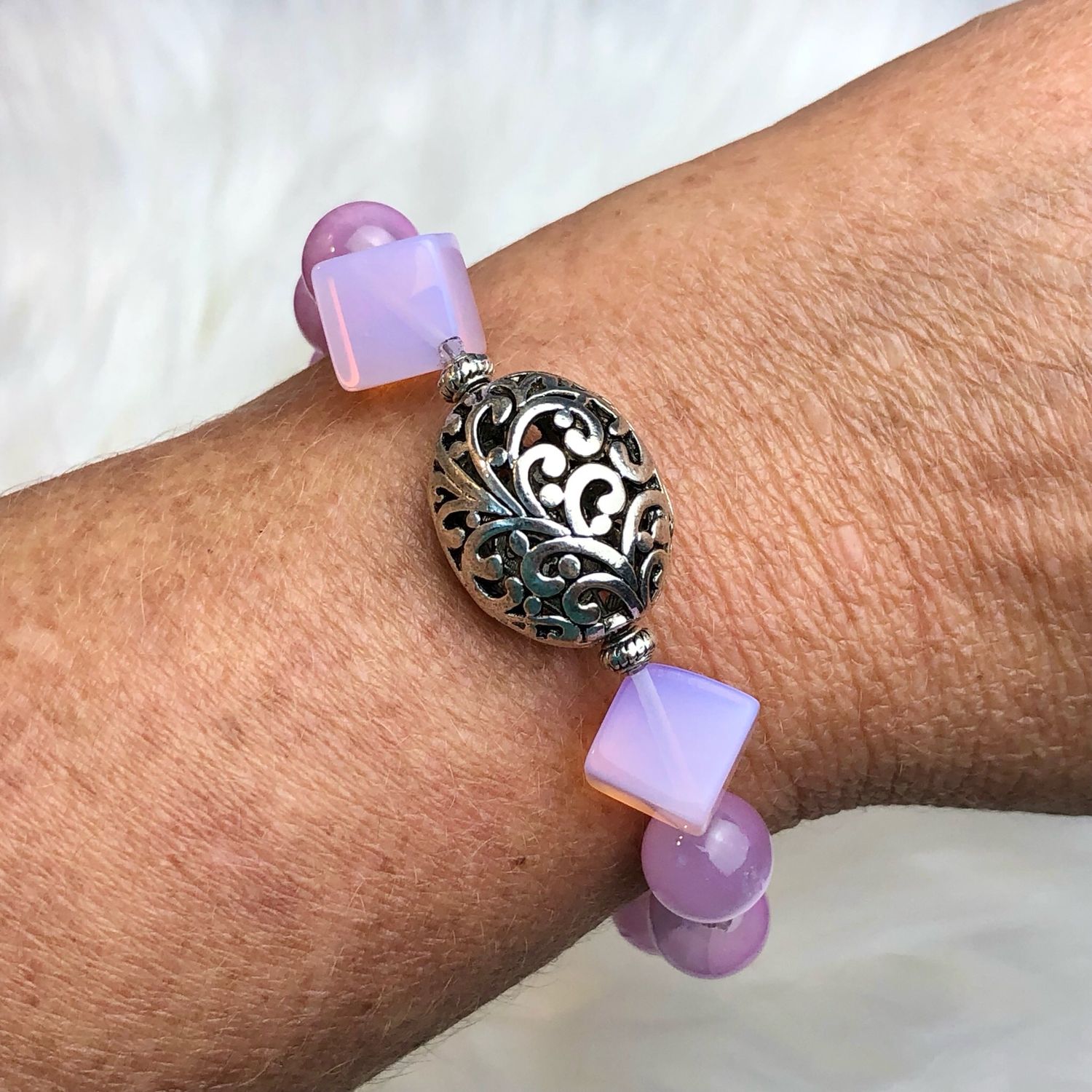 PINK OPALITE &amp; SELENITE - Gemstone Adjustable Bracelet - Silver Plated