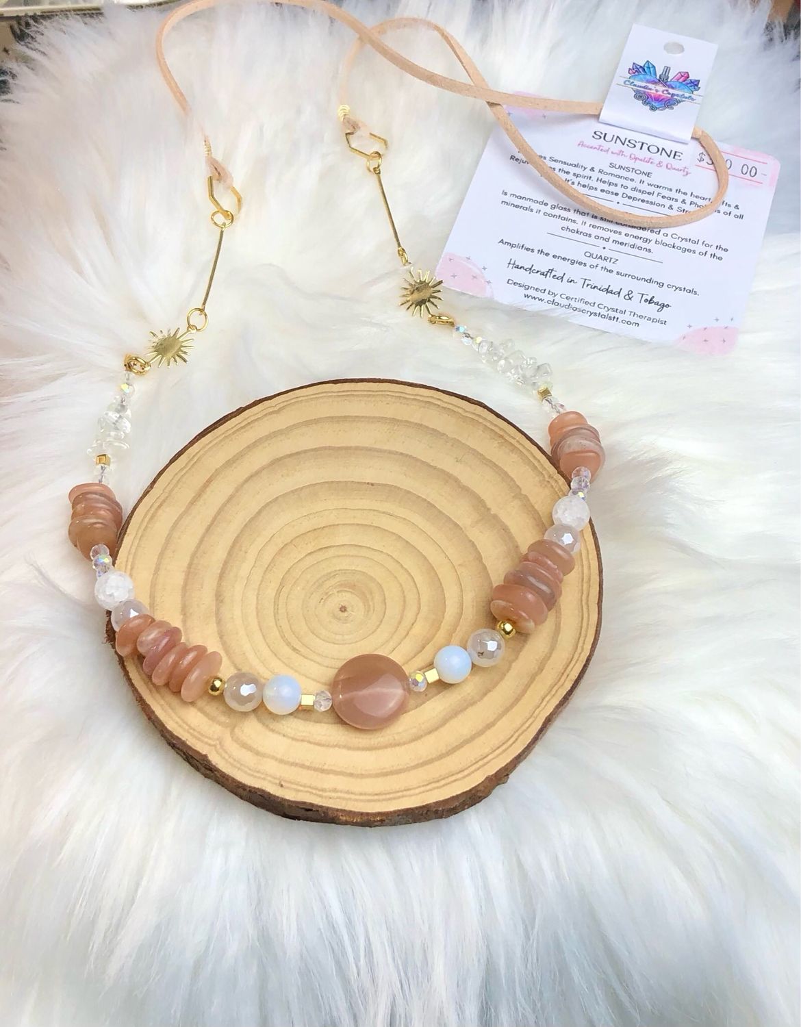 SUNSTONE, OPALITE &amp; QUARTZ - Long Gemstone Crystal Therapy Necklace - 18k Gold Plated