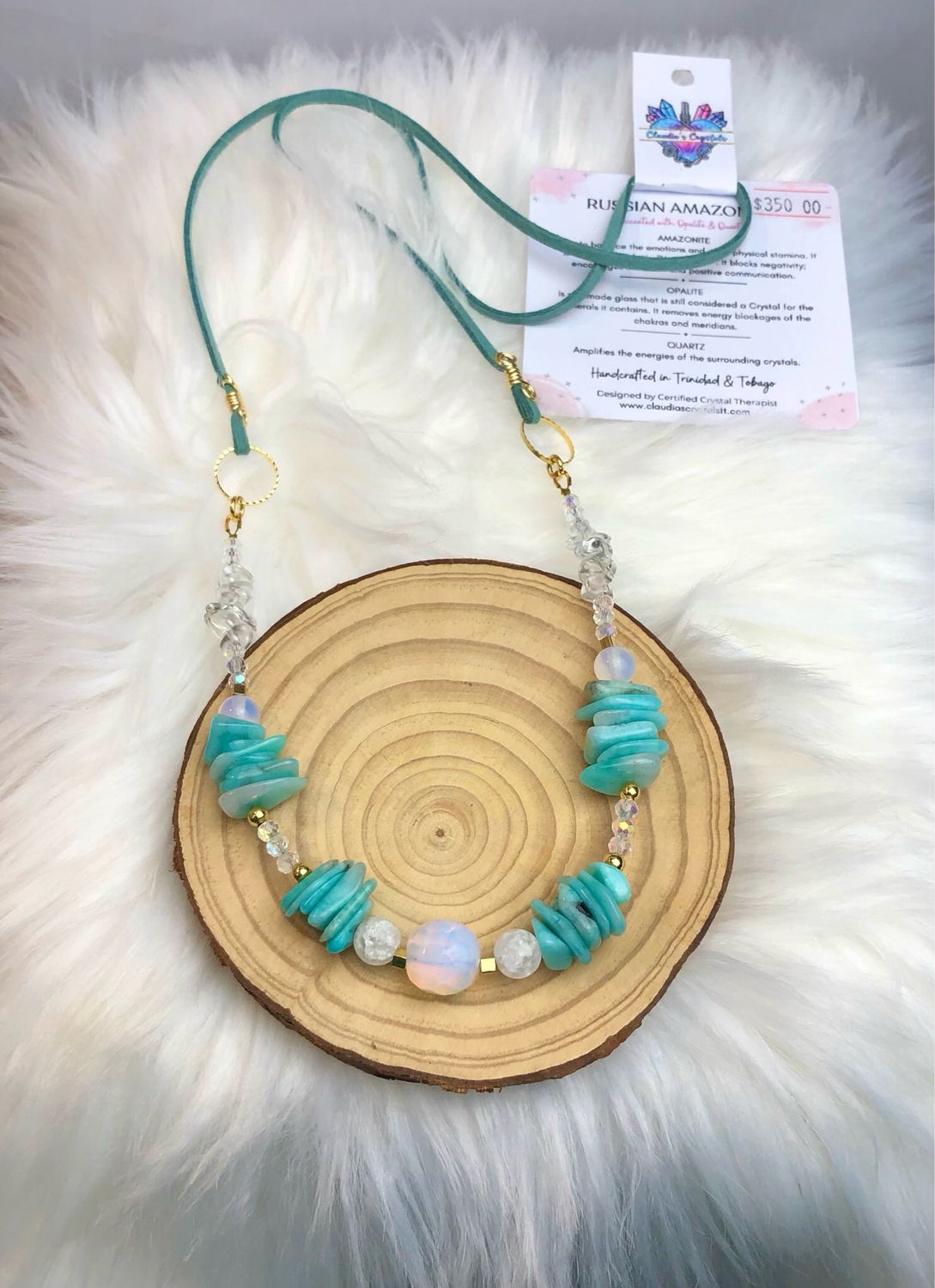AMAZONITE, OPALITE &amp; QUARTZ - Gold Plated - Long Gemstone Crystal Therapy Necklace