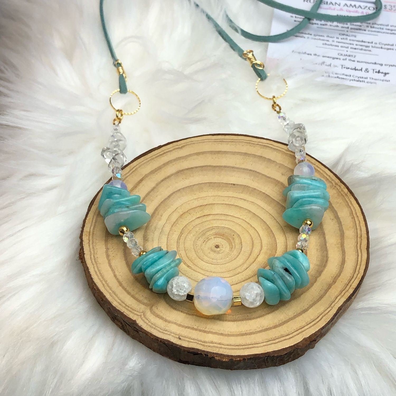 AMAZONITE, OPALITE &amp; QUARTZ - Gold Plated - Long Gemstone Crystal Therapy Necklace