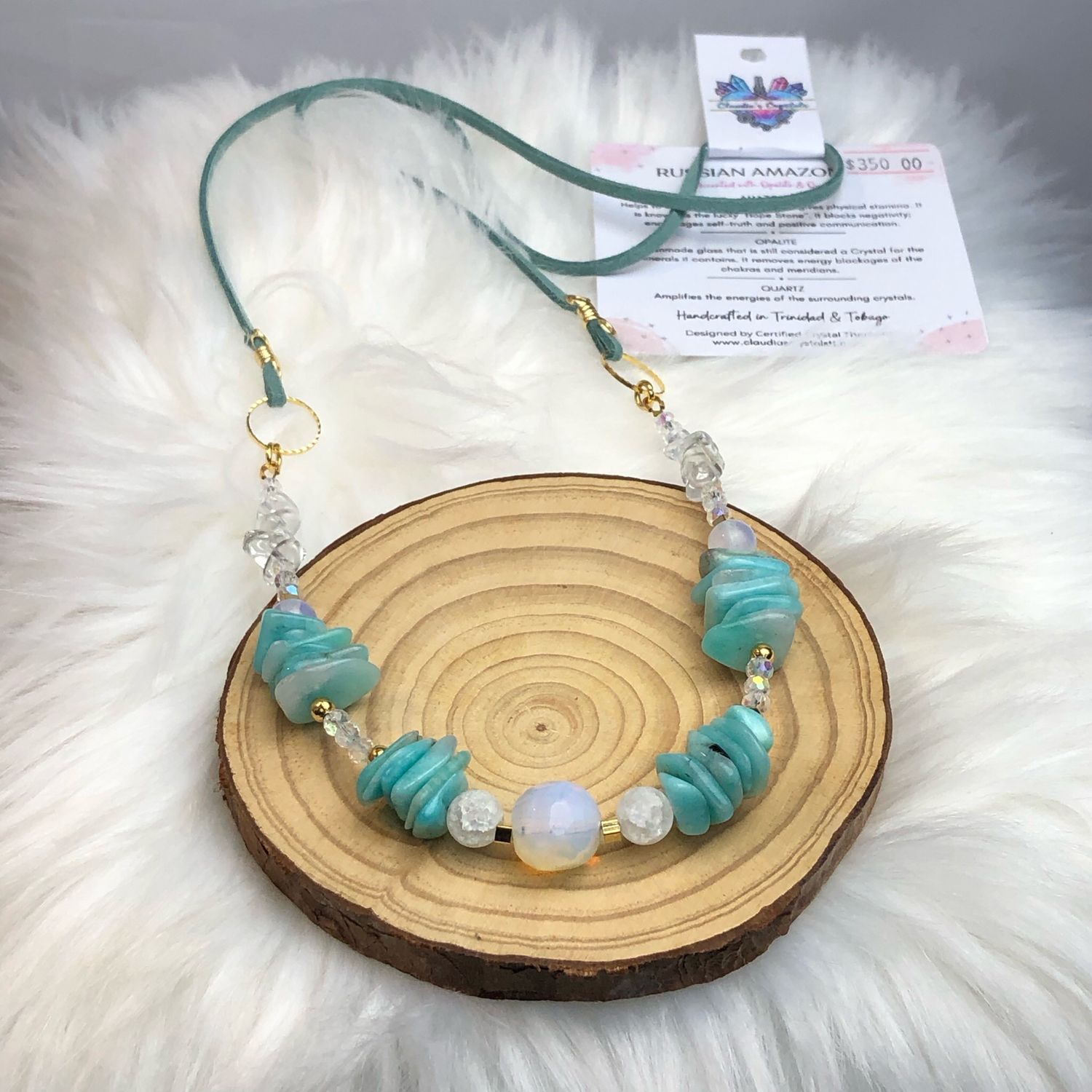 AMAZONITE, OPALITE &amp; QUARTZ - Gold Plated - Long Gemstone Crystal Therapy Necklace