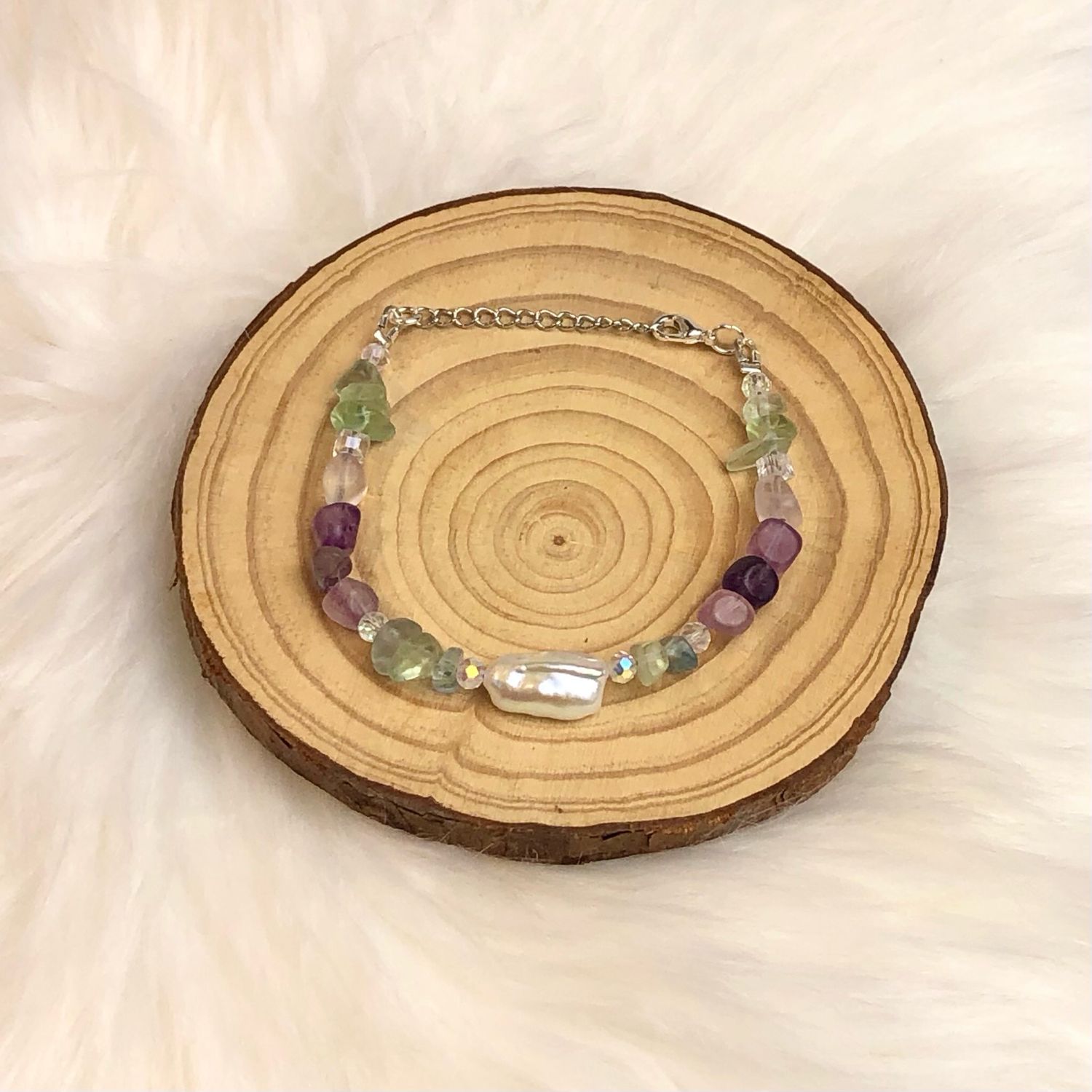 RAINBOW FLUORITE - Silver Plated - Adjustable Gemstone Crystal Therapy Bracelet