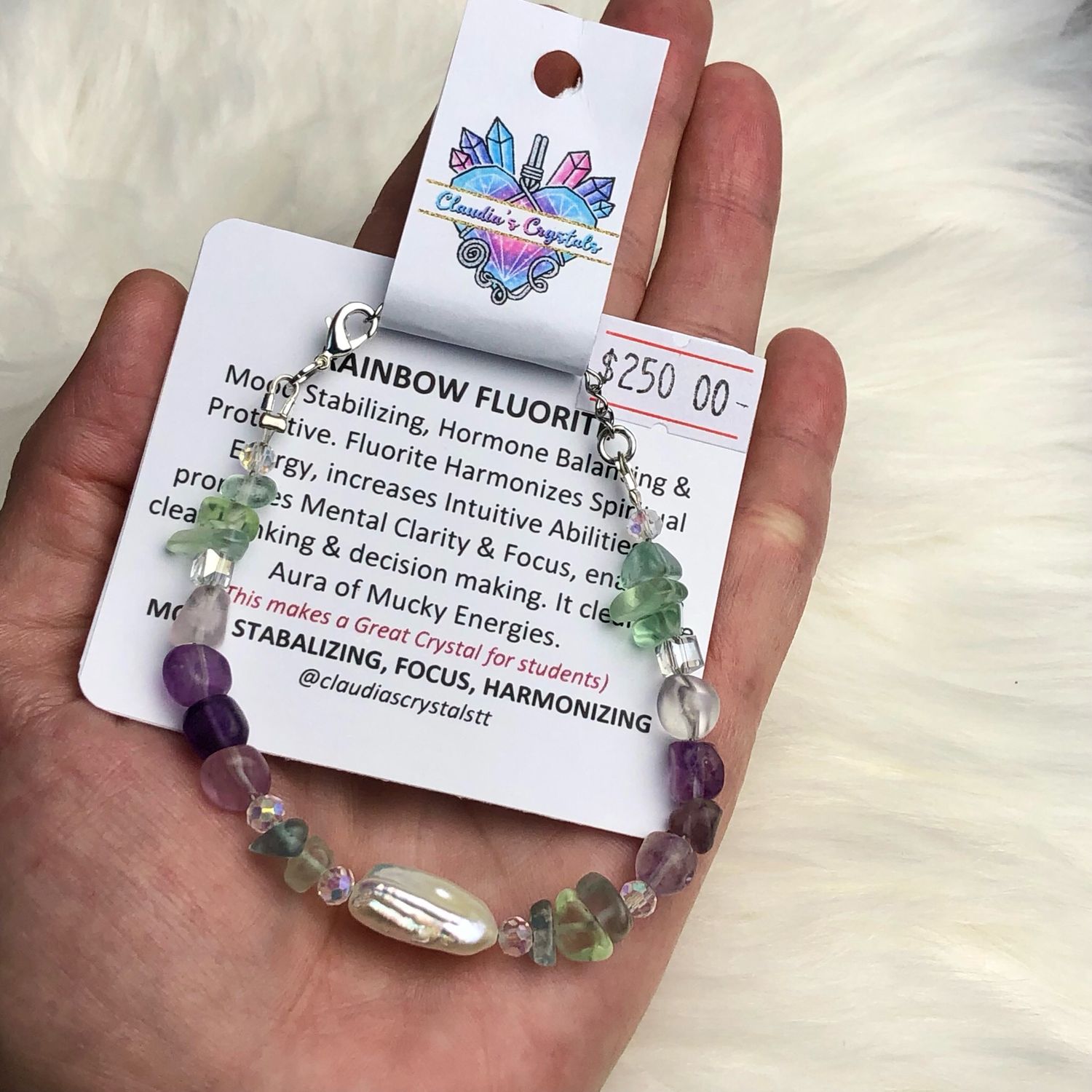 RAINBOW FLUORITE &amp; BIWA PEARL - Gemstone Adjustable Bracelet - Silver Plated