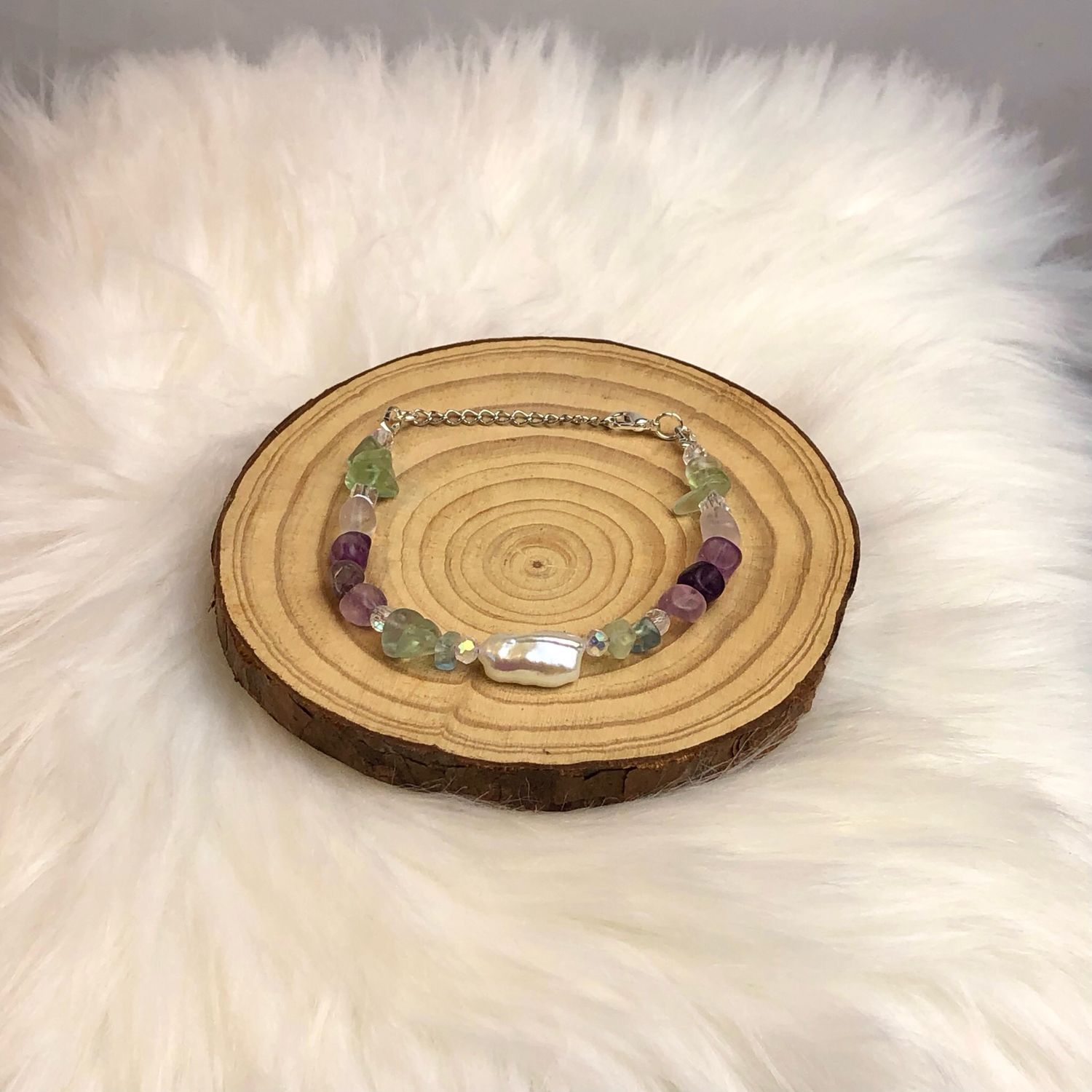 RAINBOW FLUORITE &amp; BIWA PEARL - Gemstone Adjustable Bracelet - Silver Plated