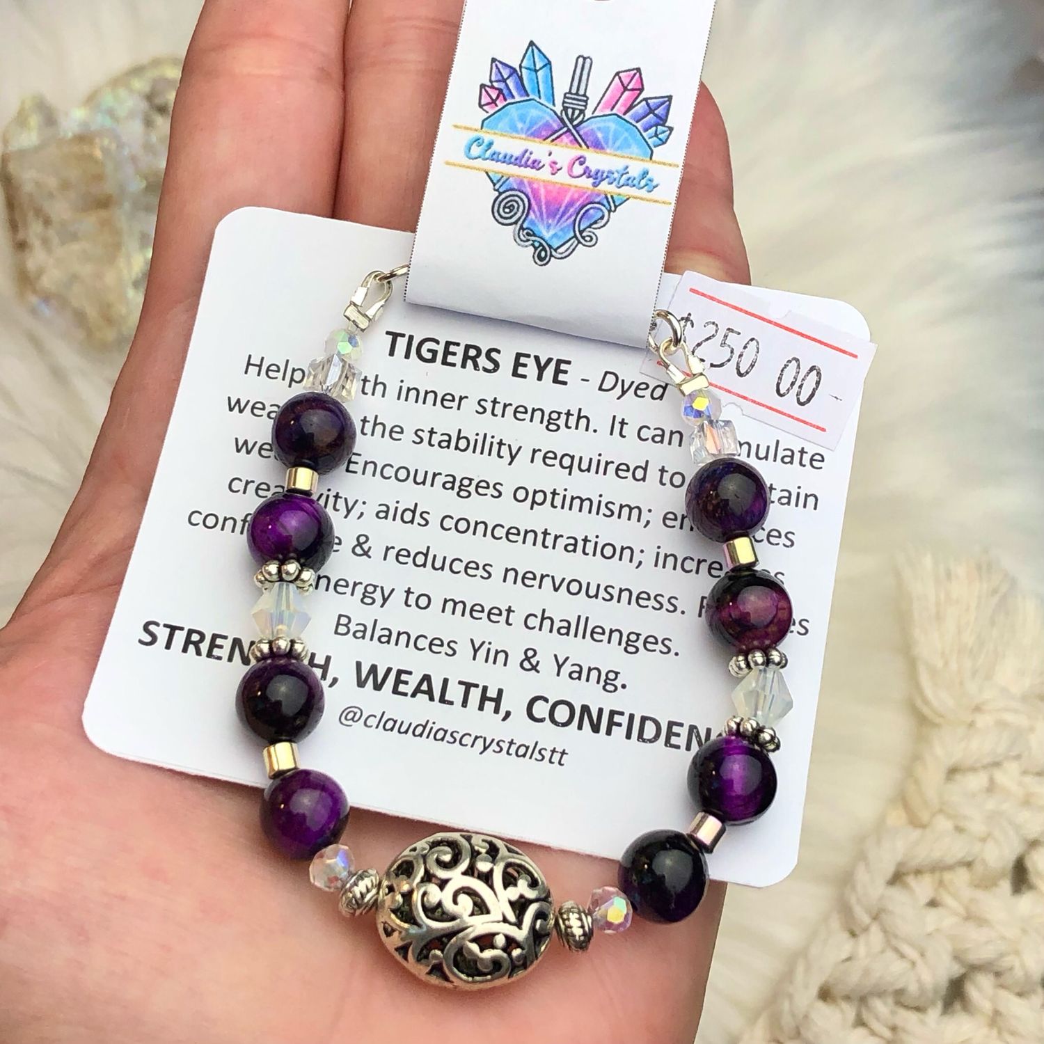 PURPLE TIGERS EYE - Silver Plated - Adjustable Gemstone Crystal Therapy Bracelet