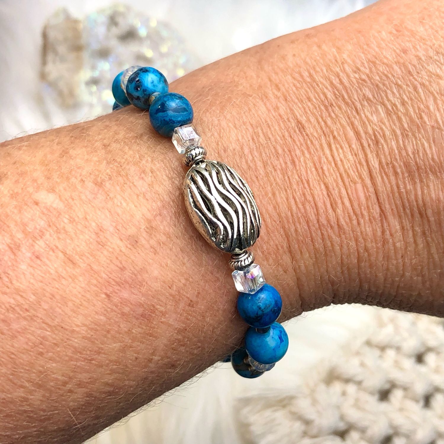 BLUE CRAZY LACE AGATE - Silver Plated - Adjustable Gemstone Crystal Therapy Bracelets