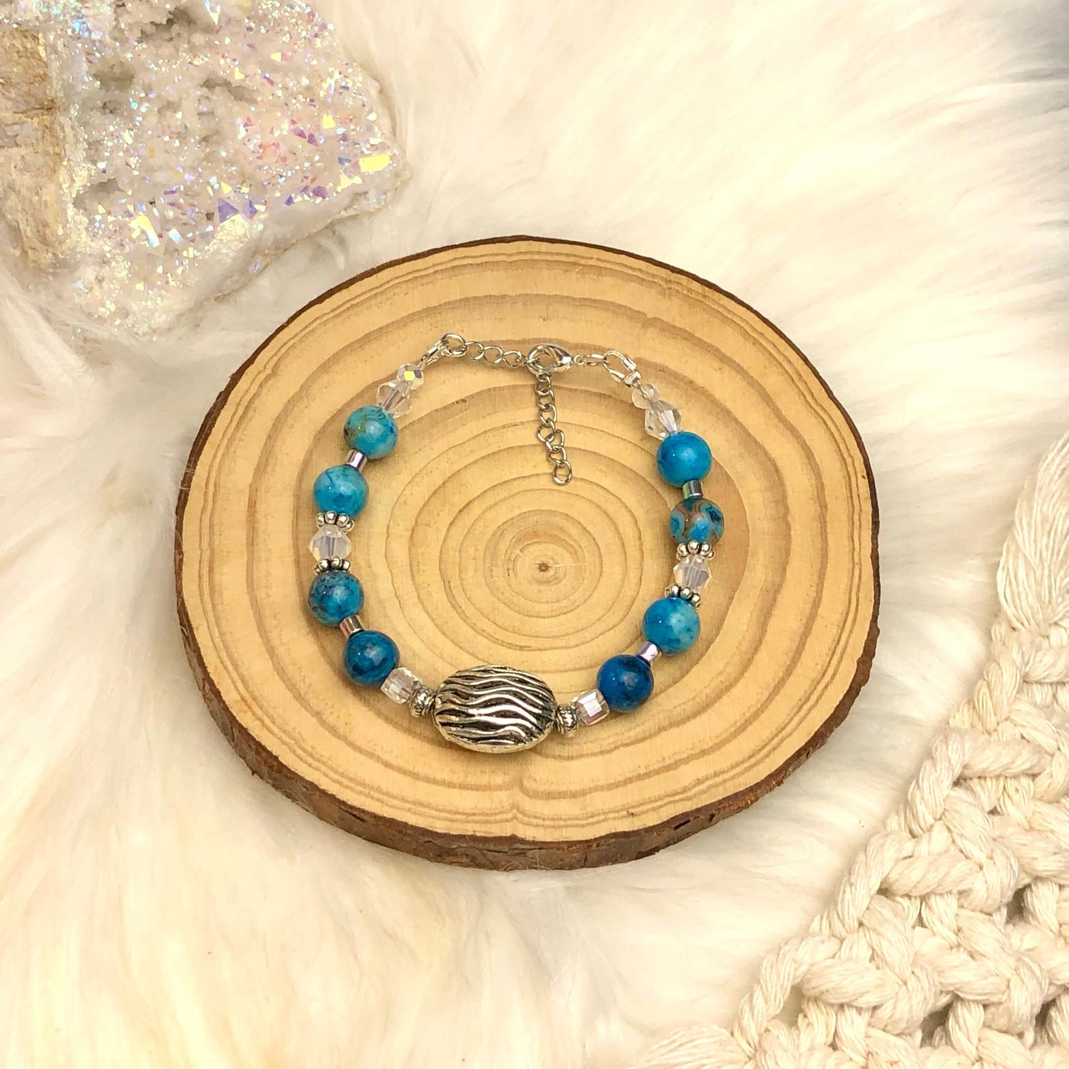 BLUE CRAZY LACE AGATE - Gemstone Adjustable Bracelet - Silver Plated