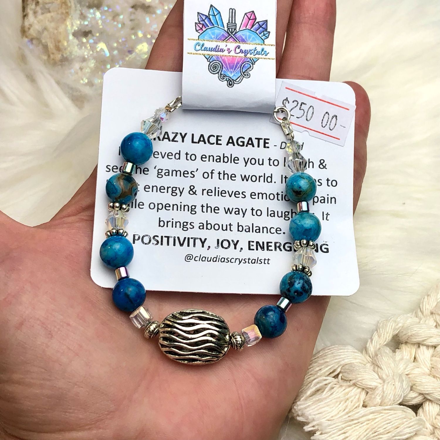 BLUE CRAZY LACE AGATE - Gemstone Adjustable Bracelet - Silver Plated