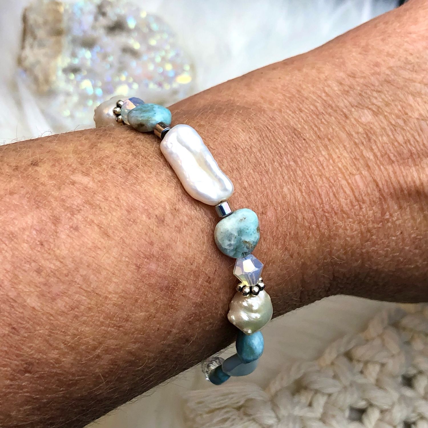 LARIMAR &amp; BIWA PEARL - Silver Plated - Adjustable Gemstone Crystal Therapy Bracelet