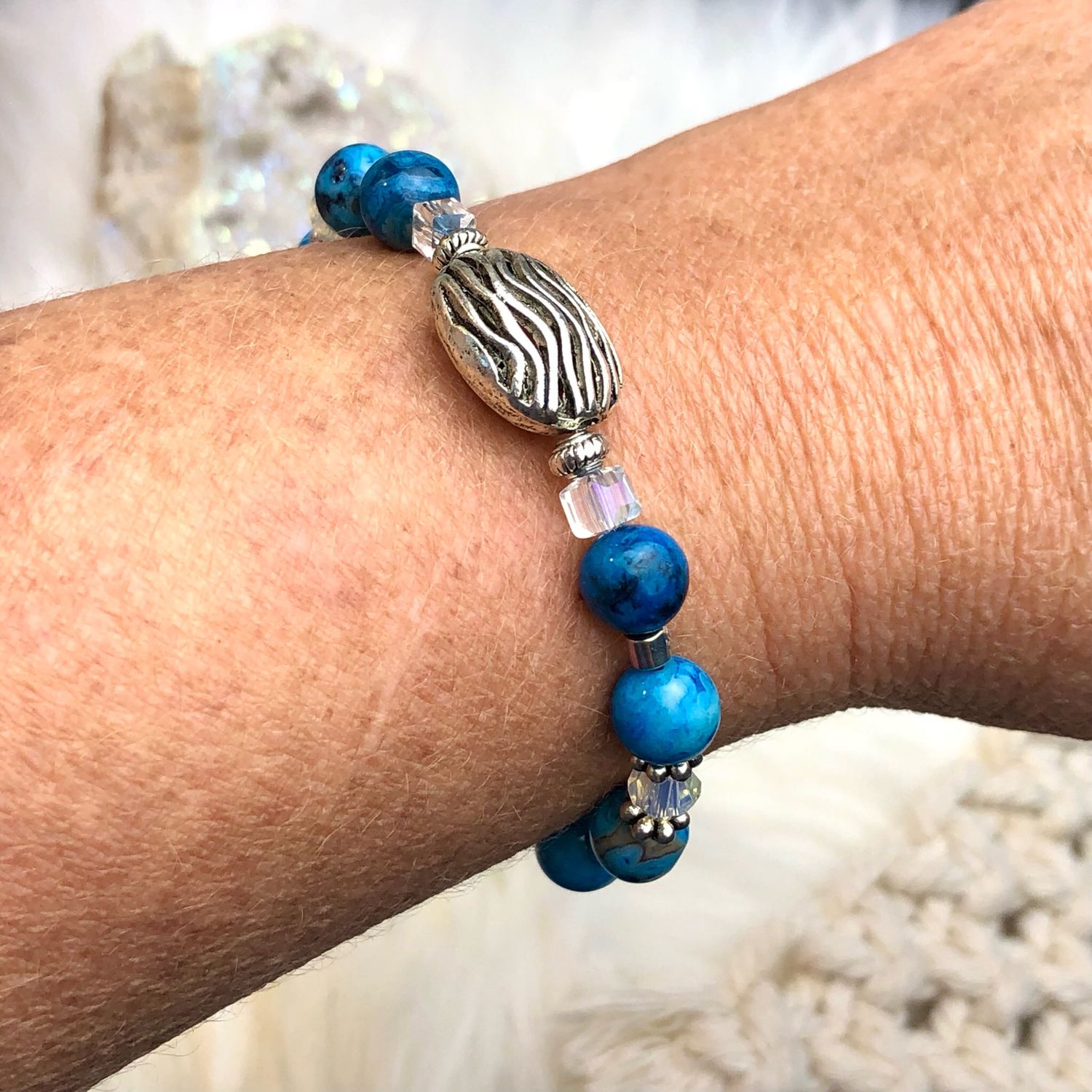 BLUE CRAZY LACE AGATE - Gemstone Adjustable Bracelet - Silver Plated