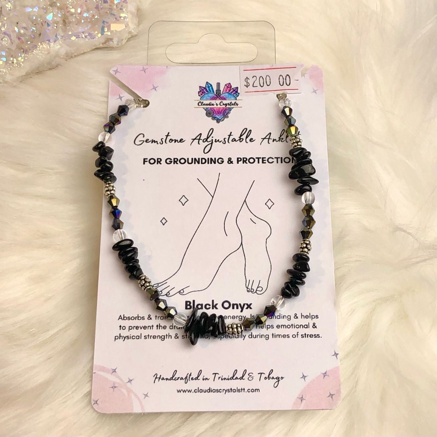 BLACK ONYX &amp; CLEAR QUARTZ - Adjustable Silver-Plated Anklet