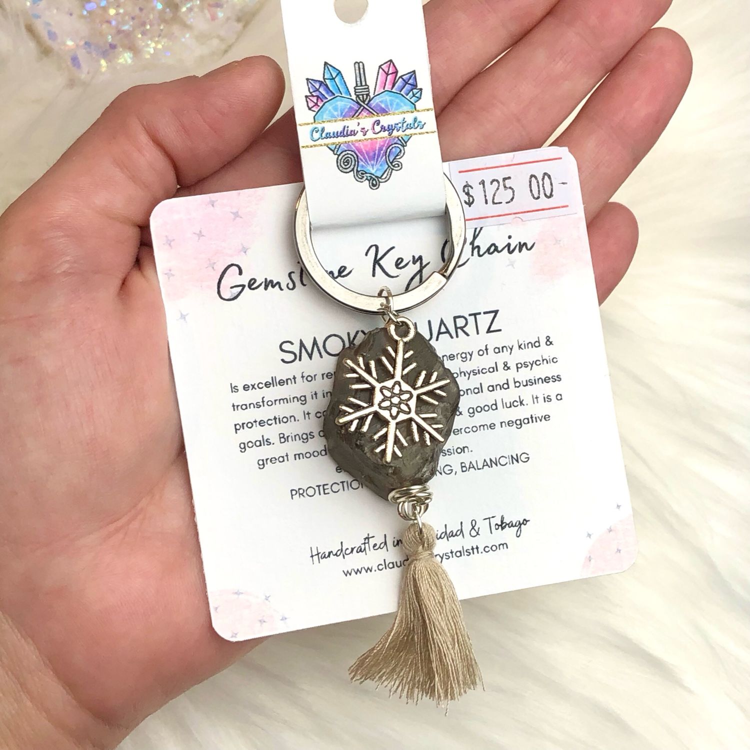 SMOKY QUARTZ &amp; SNOWFLAKE - Gemstone Keychain - Stainless Steel