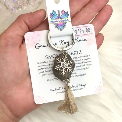 SMOKY QUARTZ &amp; SNOWFLAKE - Gemstone Keychain - Stainless Steel