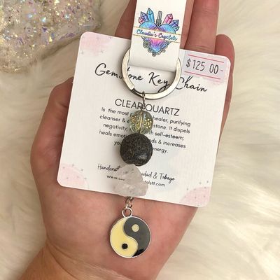 CLEAR QUARTZ - YIN &amp; YANG - Gemstone Keychain - Stainless Steel