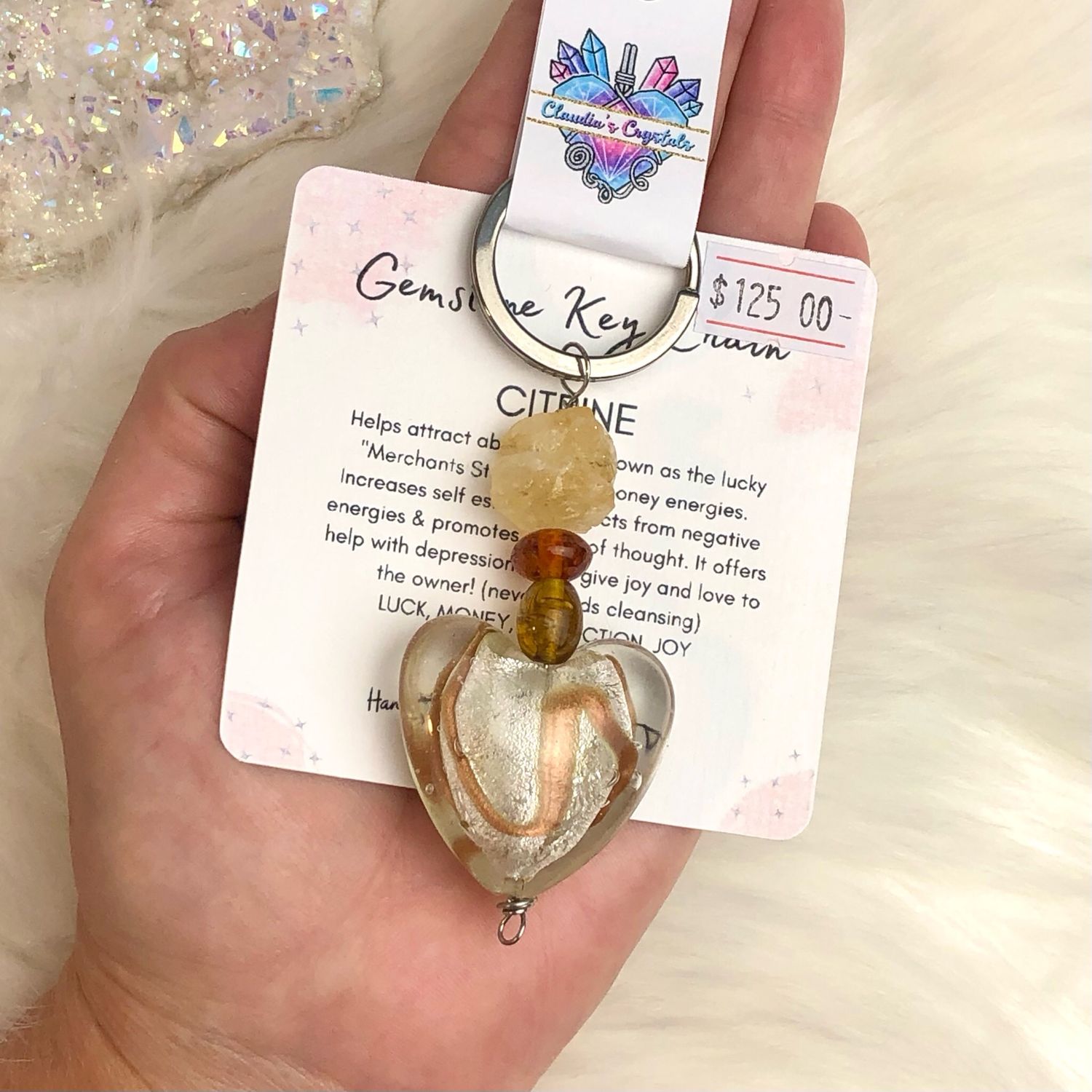 CITRINE &amp; HEART - Gemstone Keychain - Stainless Steel