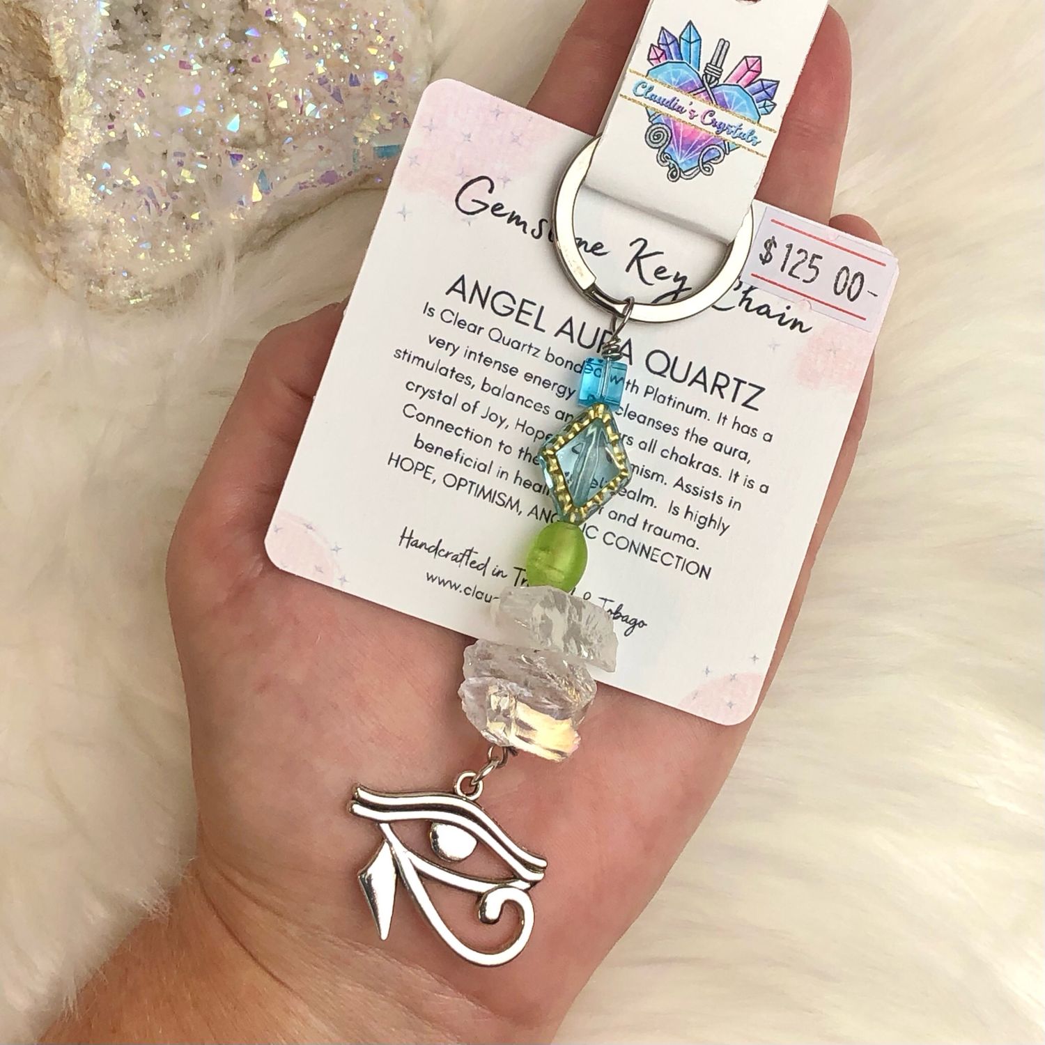 ANGEL AURA QUARTZ EYE OF HORUS - Gemstone Keychain - Stainless Steel