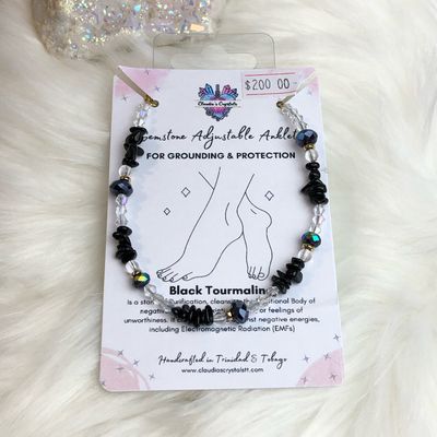 BLACK TOURMALINE &amp; CLEAR QUARTZ - Adjustable Silver-Plated Anklet