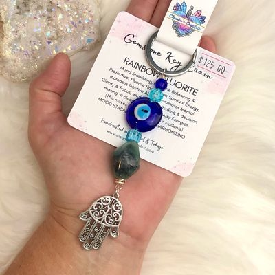 RAINBOW FLUORITE EVIL EYE - HAMSA HAND - Gemstone Keychain - Stainless Steel